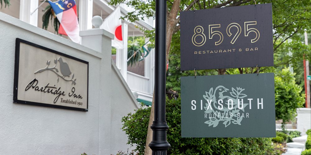 Branded signage for 8595 Restaurant & Bar and Six South Rooftop Bar at the Partridge Inn, brand identity work by Mighty 8th Media