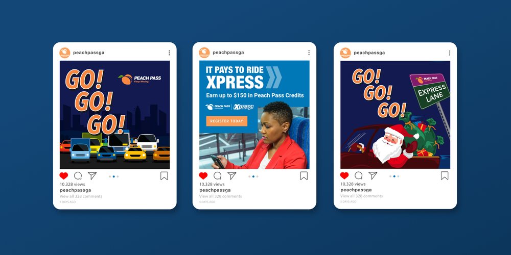 Three Peach Pass Instagram posts promoting Xpress lanes and Peach Pass credits, social media content by Mighty 8th Media